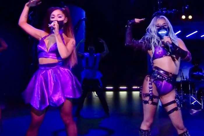 Ariana Grande Wears Howie B Custom Snakeskin Print Mini Skirt For MTV VMA Performance With Lady Gaga