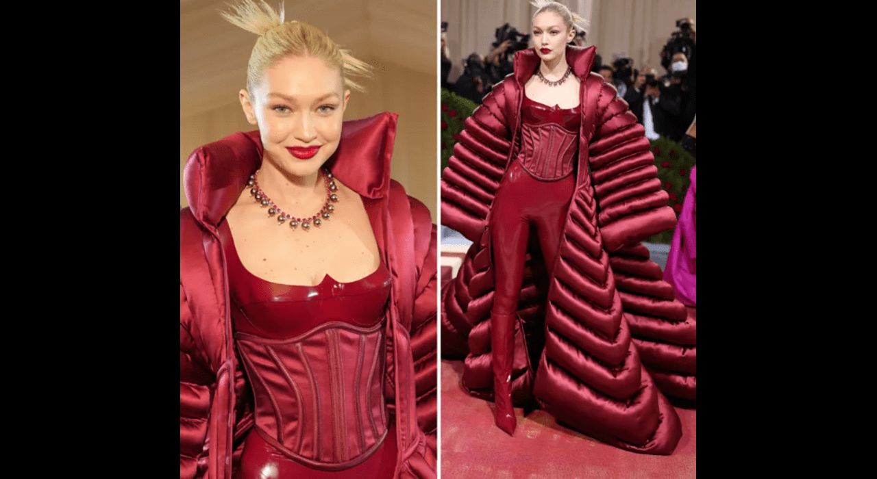 In a latex catsuit and a giant down jacket, Gigi Hadid came to the Met Gala.