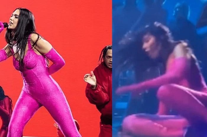 Dua Lipa, in a spectacular Jumpsuit, fell right on stage