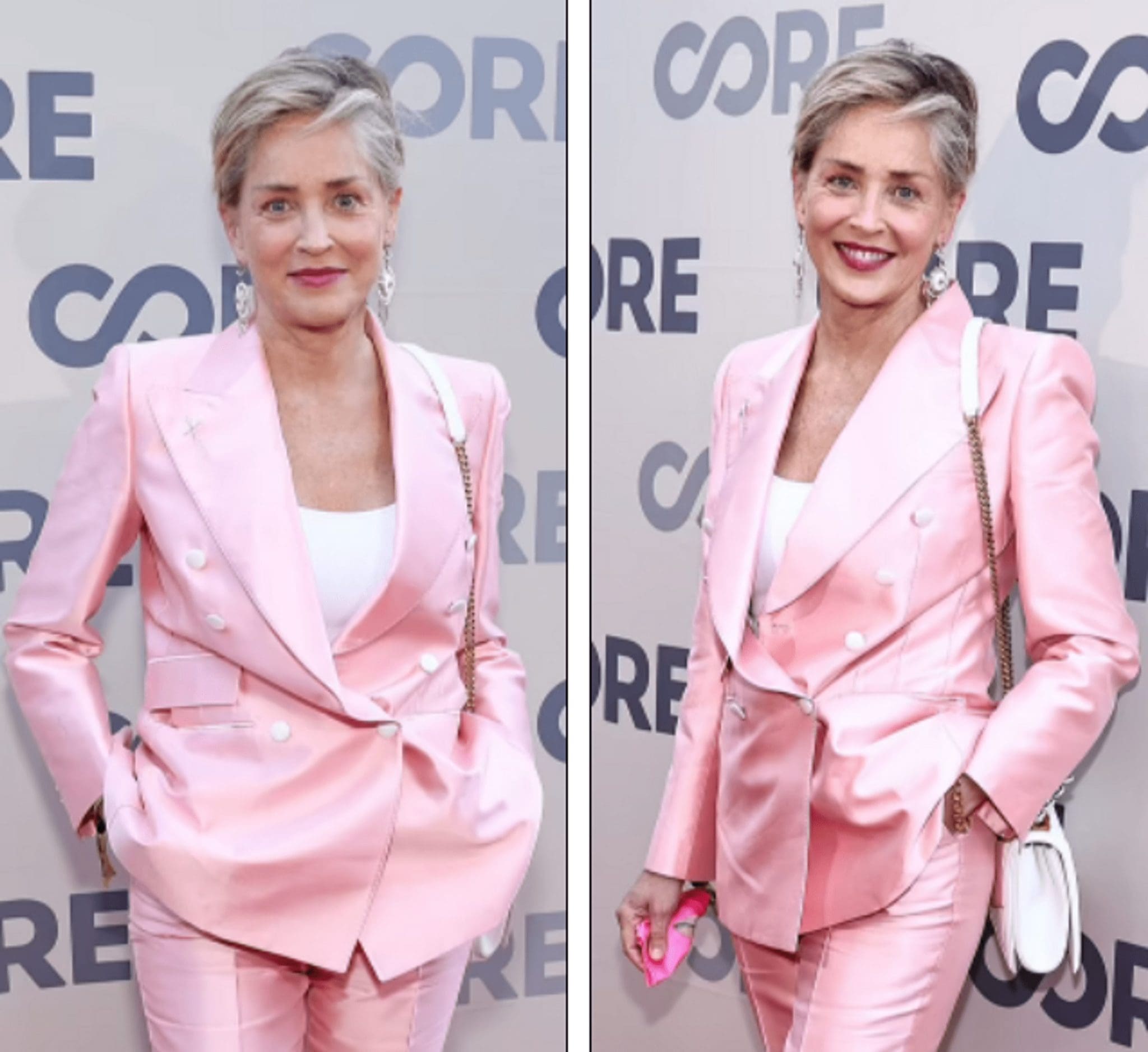 Sharon Stone, in a pink satin suit, attended a charity evening of Sean Penn
