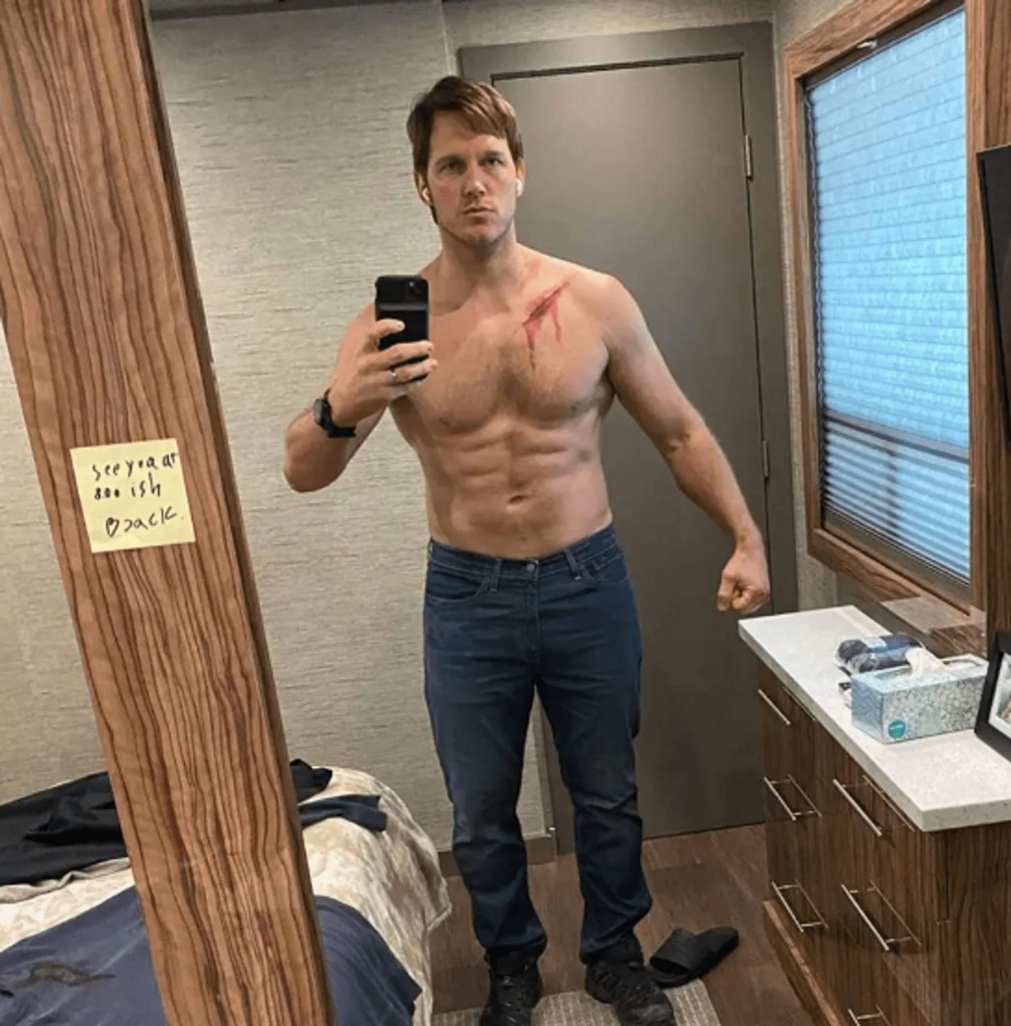 Chris Pratt displayed his biceps in a brand-new shirtless Instagram image