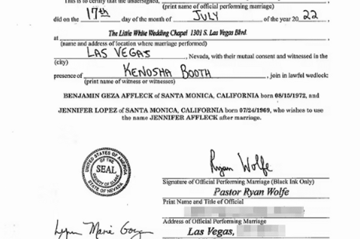 The Marriage License Of Jennifer Lopez And Ben Affleck Is Made Public